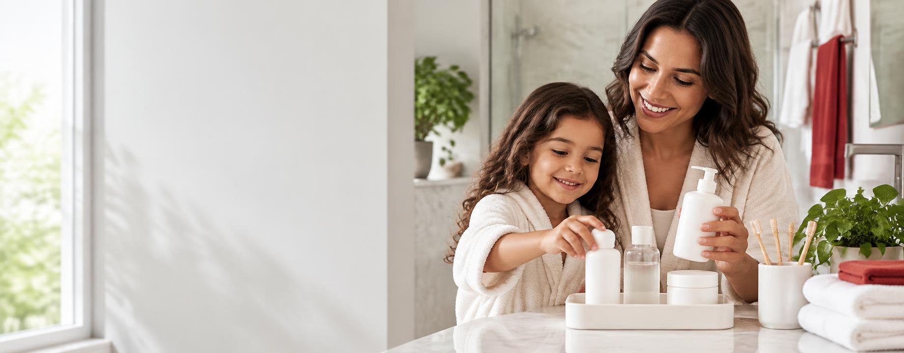 Mãe e filha em um momento de cuidados pessoais